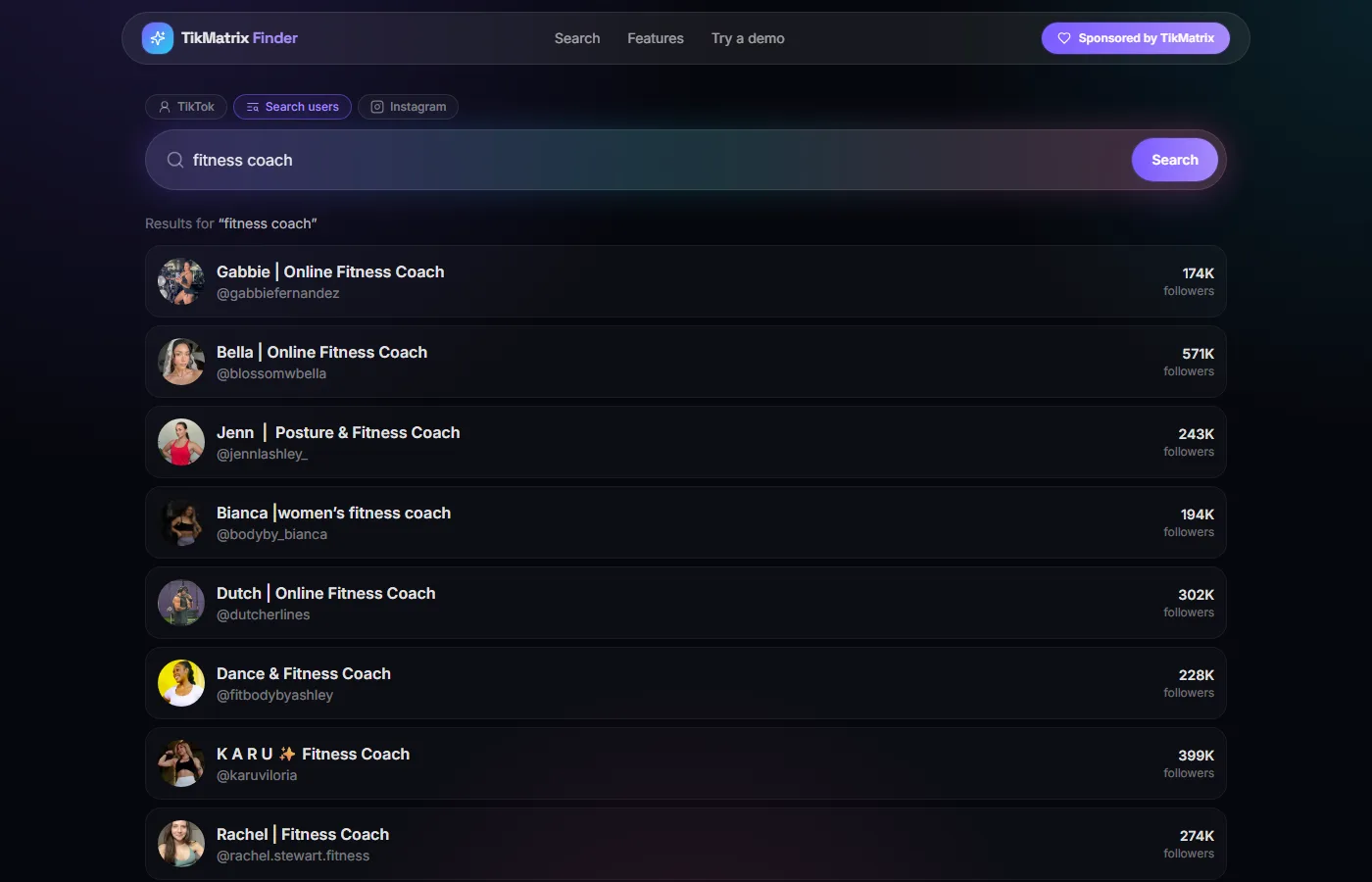 TikMatrix Finder keyword search results for fitness coach