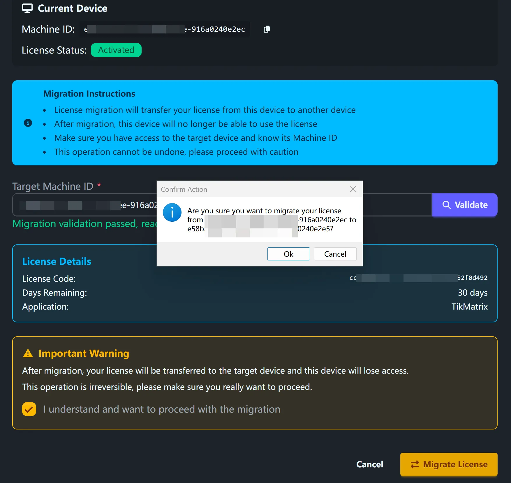 Confirmation de migration