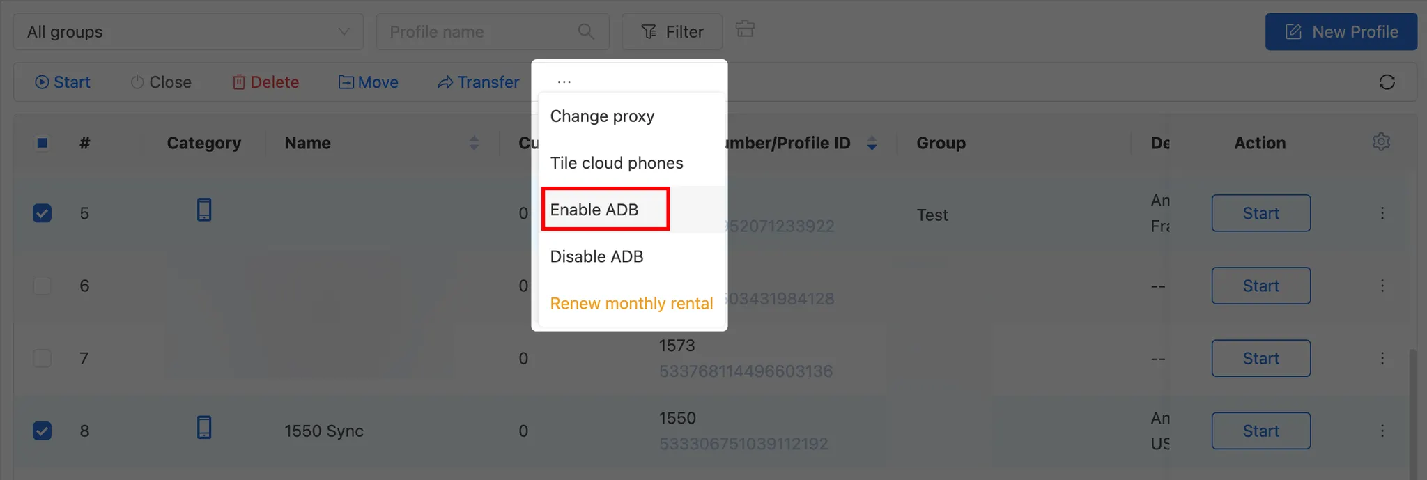 Aktivera ADB för flera profiler