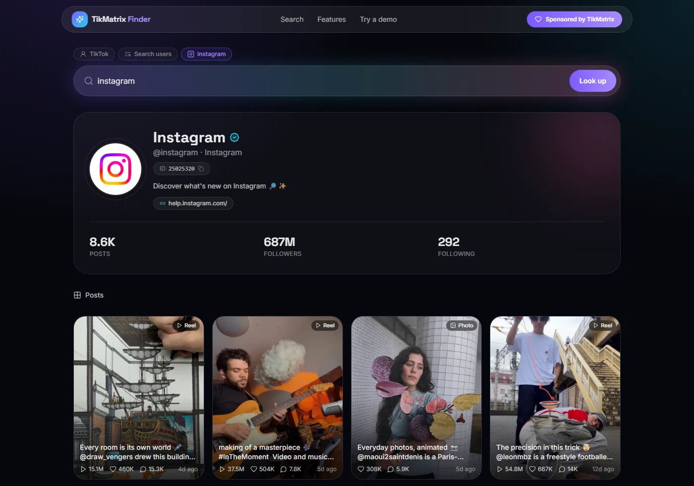 การค้นหาโปรไฟล์ Instagram ใน TikMatrix Finder