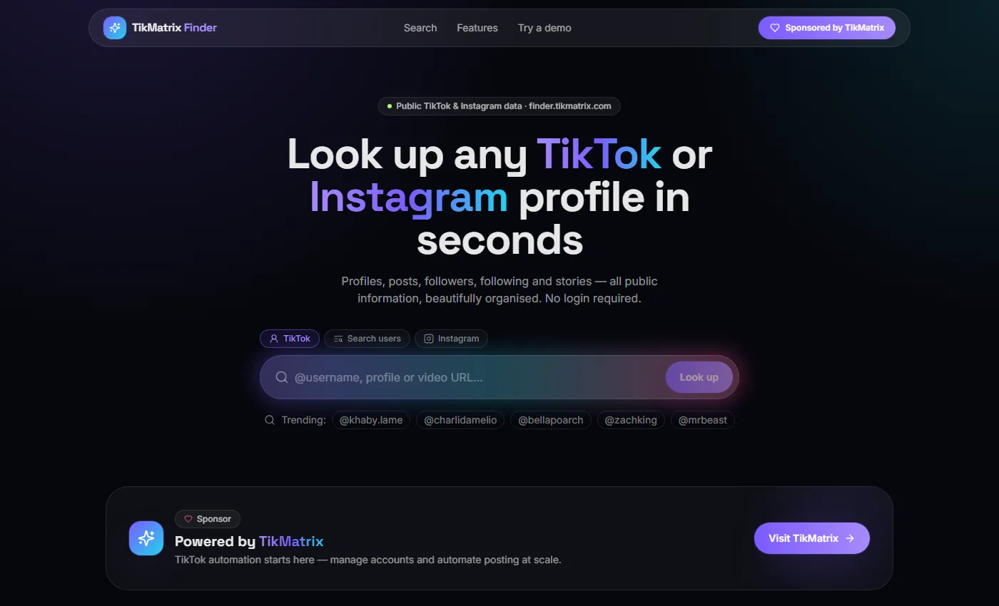 TikMatrix Finder — tìm kiếm bất kỳ hồ sơ TikTok hoặc Instagram